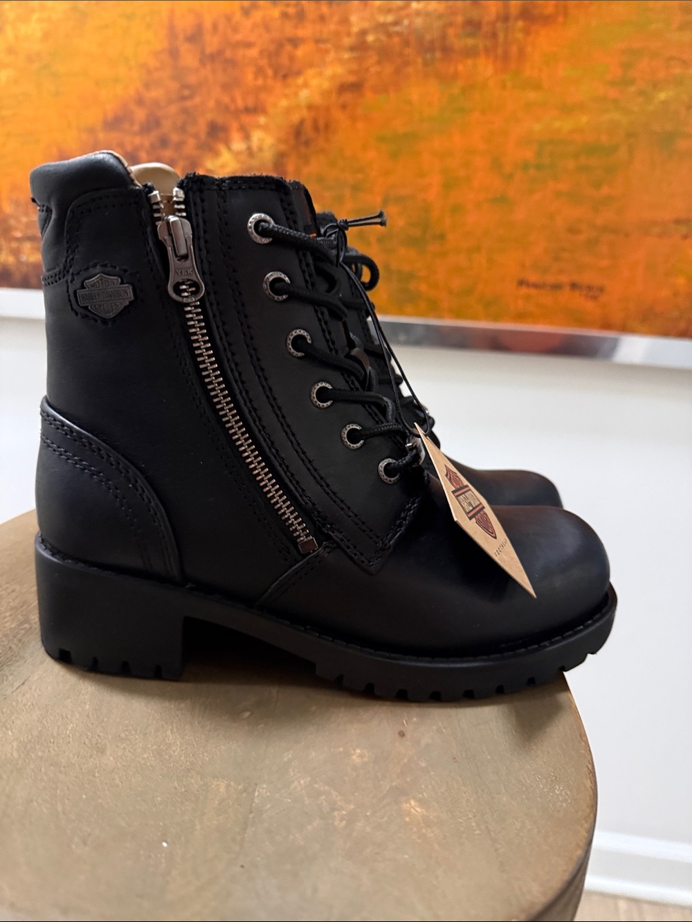 Harley-Davidson Black Lace-Up Moto Ankle Boots with Side Zip